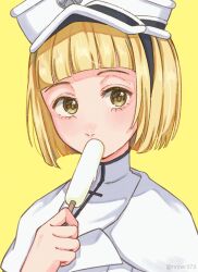 Rule 34 | 1girl, absurdres, bleach, bleach: sennen kessen-hen, blonde hair, blunt bangs, blunt ends, blush, close-up, colored eyelashes, commentary request, eyelashes, food, food in mouth, hand up, hat, highres, holding, holding food, holding popsicle, jacket, liltotto lamperd, looking at viewer, military hat, popsicle, rinner373, short hair, simple background, solo, straight hair, twitter username, white hat, white jacket, yellow background, yellow eyes