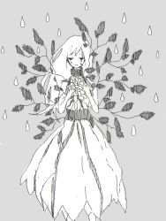Rule 34 | 1girl, alternate costume, alternate hairstyle, dress, closed eyes, flower, hands on own chest, hatsune miku, leaf, long hair, lost and found (vocaloid), mam233, monochrome, plant, rain, sash, sleeveless, sleeveless dress, solo, tears, vocaloid, white hair