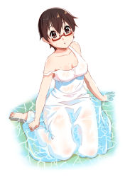 Rule 34 | 1girl, barefoot, blush, breasts, brown eyes, brown hair, cleavage, collarbone, dress, glasses, june (ne z asa), k-on!, large breasts, looking at viewer, manabe nodoka, open mouth, short hair, simple background, solo, water, wet, wet clothes, white background, white dress