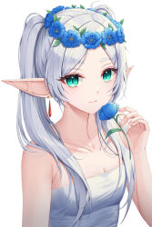 Rule 34 | 1girl, aqua eyes, bare arms, blue flower, breasts, cleavage, closed mouth, collarbone, earrings, elf, flower, frieren, hair flower, hair ornament, head wreath, highres, holding, holding flower, jewelry, long hair, nowsicaa, parted bangs, pointy ears, simple background, small breasts, smile, solo, sousou no frieren, strapless, twintails, upper body, white background, white hair