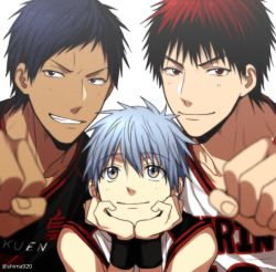 Rule 34 | 3boys, aomine daiki, basketball uniform, black eyes, black hair, black shirt, blue eyes, blue hair, blurry, blush, clenched hand, closed mouth, clothes writing, collarbone, commentary request, dark-skinned male, dark skin, depth of field, fist bump, grey background, grin, hair between eyes, hands on own chin, head rest, kagami taiga, kuroko no basuke, looking at viewer, looking up, male focus, mashima shima, multiple boys, red eyes, red hair, shirt, short hair, simple background, sleeveless, sleeveless shirt, smile, sportswear, teeth, twitter username, white shirt