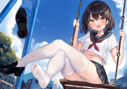 Rule 34 | 1girl, black footwear, blue sky, breasts, cloud, cloudy sky, commentary request, crossed bangs, crossed legs, day, dutch angle, eyelashes, fang, feet, full body, hair between eyes, hands up, highres, holding, legs, loafers, medium hair, miniskirt, motion blur, navel, neckerchief, no shoes, ochinsama, open mouth, original, outdoors, panties, partially visible vulva, pleated skirt, red neckerchief, school uniform, serafuku, shiny skin, shoes, short sleeves, sidelocks, single shoe, sitting, skirt, sky, small breasts, soles, solo, swing set, thighhighs, thighs, toes, underwear, white panties, white thighhighs, yellow eyes