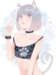 Rule 34 | 1girl, animal ear fluff, animal ears, blue eyes, blush, camisole, cat ears, cat tail, crop top, grey hair, highres, navel, off shoulder, open mouth, original, shichouson, short hair, solo, tail, upper body
