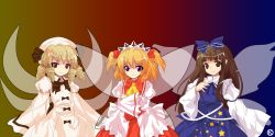 Rule 34 | 3girls, alphes (style), blonde hair, bow, brown hair, dress, fairy, female focus, hair bow, hat, headdress, hime cut, kaoru (gensou yuugen-an), luna child, multiple girls, parody, ribbon, short hair, short twintails, simple background, smile, star (symbol), star sapphire, style parody, sunny milk, touhou, twintails, wings, yousei daisensou