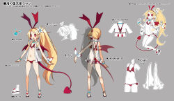 Rule 34 | 1girl, anklet, back, bad link, bikini, blonde hair, bow, bracelet, character sheet, demon girl, demon tail, disgaea, disgaea rpg, earrings, fang, flat chest, flonne, flonne (fallen angel), flower, frilled bikini, frills, full body, grey background, hair flower, hair ornament, heart, heart-shaped pupils, heart earrings, highres, jewelry, long hair, long tail, lowleg, lowleg bikini, multiple views, navel, necklace, open mouth, pointy ears, red bikini, red eyes, red wings, sandals, see-through, shell, shell necklace, side ponytail, simple background, sleeveless, standing, swimsuit, symbol-shaped pupils, tail, text focus, turnaround, very long hair, wings