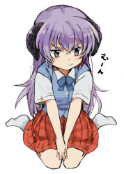 Rule 34 | 1girl, black horns, blue ribbon, blue vest, closed mouth, collared shirt, commentary request, hanyuu, higurashi no naku koro ni, horns, long hair, neck ribbon, no shoes, nuancho, plaid clothes, plaid skirt, purple eyes, purple hair, red skirt, ribbon, seiza, shirt, simple background, sitting, skirt, socks, solo, translation request, vest, white background, white socks