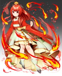 Rule 34 | 1girl, choker, clenched hand, creatures (company), dress, fire, flat chest, full body, game freak, gen 2 pokemon, gradient background, grey background, hair ornament, hair stick, highres, ho-oh, legendary pokemon, nintendo, personification, pokemon, red dress, red eyes, red hair, s2roves2, solo, two-tone dress, white dress, white footwear, wide sleeves