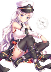 Rule 34 | 1girl, absurdres, arm on knee, armpits, azur lane, bad id, bad pixiv id, bare shoulders, black necktie, black thighhighs, blush, boots, breasts, buckle, buttons, collared shirt, crossed ankles, dated, detached sleeves, enterprise (azur lane), hat, highres, jacket, unworn jacket, knee boots, large breasts, leg belt, long hair, looking at viewer, military, military uniform, miniskirt, naval uniform, necktie, panties, pantyshot, peaked cap, purple eyes, revealing clothes, shirt, sidelocks, signature, silver hair, simple background, sitting, skirt, sleeveless, sleeveless shirt, smile, solo, thighhighs, thighs, underwear, uniform, very long hair, white background, white panties, white shirt, xi zhujia de rbq