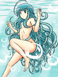 Rule 34 | 1girl, absurdres, air bubble, barefoot, blue hair, bubble, convenient censoring, freediving, highres, long hair, nude, nudist, original, ruaranhroi, skinny dipping, solo, swimming, underwater, wavy hair, zenra