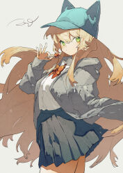 Rule 34 | 1girl, animal hat, black skirt, blonde hair, bow, bowtie, breasts, candy, closed mouth, collared shirt, commentary, cowboy shot, food, green eyes, green hat, grey jacket, hair between eyes, hand up, hat, highres, holding, holding candy, holding food, holding lollipop, jacket, lollipop, long hair, long sleeves, looking at viewer, medium breasts, ok sign, open clothes, open jacket, original, pleated skirt, potg (piotegu), red bow, red bowtie, shirt, shirt tucked in, signature, simple background, skirt, sleeves past wrists, solo, standing, symbol-only commentary, tail, very long hair, white background, white shirt