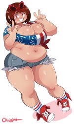 Rule 34 | 1girl, american flag shirt, belly, breasts, brown eyes, brown hair, cleavage, double v, earrings, highres, hotpants, huge breasts, jewelry, lightsource, looking at viewer, plump, purin (lightsource), shoes, shorts, smile, sneakers, solo, sunglasses, thick eyebrows, thick thighs, thighs, v, veins, veiny breasts
