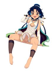 Rule 34 | 1girl, absurdres, arknights, bare shoulders, barefoot, black legwear, blue feathers, blue hair, blush, bracelet, brown eyes, cat-quest-sun, chinese commentary, choker, cleavage cutout, cleft of venus, clothing cutout, commentary request, conviction (arknights), dress, elbow gloves, eyebrows hidden by hair, feather hair, feathers, female focus, flat chest, full body, gloves, highres, infection monitor (arknights), jewelry, no panties, open mouth, peacock feathers, pussy, short hair, short hair with long locks, simple background, sitting, sleeveless, sleeveless dress, solo, white background, white dress, white gloves