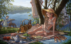 Rule 34 | 3girls, animal, apple, apron, arm support, basket, bikini, bikini skirt, book, bottle, cheese, cup, dappled sunlight, dock, dress, eikoh, closed eyes, female focus, food, fruit, grapes, grass, hat, highres, horse, knife, lake, leaning to the side, long hair, looking at viewer, maid, maid apron, maid headdress, multiple girls, nature, original, outdoors, picnic, picnic basket, sandals, sandwich, shoes, unworn shoes, sitting, smile, straw hat, sunlight, swimsuit, teacup, teapot, tree, twintails, v, water