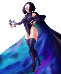 Rule 34 | 1girl, absurdres, bodystocking, breasts, cloak, colored skin, covered erect nipples, covered navel, cowl, crystal, dc comics, formal, galaxy, high socks, highres, hood, jewelry, looking at viewer, magic, medium hair, nail polish, nipples, pink skin, purple eyes, purple hair, raven (dc), red nails, simple background, small breasts, socks, solo, space, spaceloligo, suit, teen titans, thick thighs, thighs, tight clothes, tiptoes, white background
