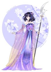 Rule 34 | 1girl, bishoujo senshi sailor moon, black hair, blush, bow, chinese clothes, closed mouth, collarbone, detached sleeves, dress, english text, flower, full body, hair bow, hair flower, hair ornament, highres, holding, holding polearm, holding weapon, jewelry, koya, long dress, long sleeves, looking at viewer, medium hair, necklace, pink flower, polearm, purple bow, purple dress, purple eyes, purple sleeves, see-through, sleeveless, sleeveless dress, smile, solo, standing, strapless, strapless dress, tomoe hotaru, weapon, white background, wide sleeves