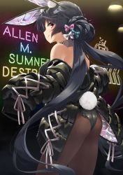 Rule 34 | 1girl, allen m. sumner (azur lane), allen m. sumner (charming rabbit) (azur lane), animal ears, ass, azur lane, black hair, black jacket, black pantyhose, character name, commentary request, double bun, fake animal ears, from behind, hair between eyes, hair bun, highres, jacket, leotard, long hair, looking at viewer, looking back, low twintails, mizunashi (second run), off shoulder, official alternate costume, pantyhose, playboy bunny, rabbit ears, rabbit tail, red eyes, sidelocks, solo, tail, twintails