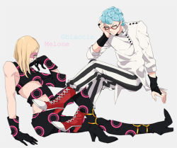 Rule 34 | 2boys, blonde hair, blue hair, boots, character name, ghiaccio, glasses, gloves, grey background, high heel boots, high heels, jojo no kimyou na bouken, long hair, male focus, mask, melone, multiple boys, pants, simple background, sitting, striped clothes, striped pants, tsumaki, vertical-striped clothes, vertical-striped pants