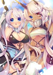 Rule 34 | 2girls, ahoge, azur lane, bandeau, bikini, bikini top only, black bikini, black skirt, blue eyes, blue shirt, blush, breasts, cleavage, commentary request, dark-skinned female, dark skin, eyes visible through hair, facepaint, feet out of frame, front-tie bikini top, front-tie top, hair between eyes, heart, heart ahoge, heterochromia, horns, indianapolis (azur lane), large breasts, long hair, looking at viewer, mechanical horns, multiple girls, off-shoulder shirt, off shoulder, open mouth, pink hair, portland (azur lane), purple hair, shirt, siblings, side ponytail, sisters, skirt, swimsuit, tear33, thighhighs, turtleneck, twintails, underboob, very long hair, white bandeau, white thighhighs, yellow eyes