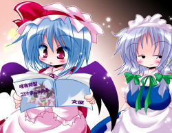 Rule 34 | 2girls, arary, bad id, bad pixiv id, bat wings, blue hair, blush, book, braid, breast padding, breasts, female focus, hat, inaba tewi, izayoi sakuya, large breasts, maid, multiple girls, red eyes, remilia scarlet, silver hair, touhou, twin braids, wings