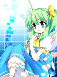 Rule 34 | 1girl, chigo, daiyousei, female focus, finger to mouth, gradient background, green hair, heart, side ponytail, sitting, smile, solo, touhou, wings