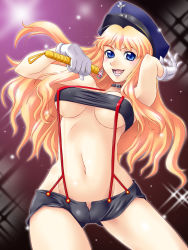 Rule 34 | 00s, 1girl, armpits, bare arms, bare legs, bare shoulders, black collar, black shorts, black tube top, blonde hair, blue eyes, blue hat, blush, breasts, cameltoe, collar, earrings, gloves, hachi juu juu, hat, holding, holding microphone, jewelry, large breasts, lips, long hair, looking at viewer, lower teeth only, macross, macross frontier, microphone, midriff, music, navel, open mouth, peaked cap, pink lips, purple background, revealing clothes, round teeth, sheryl nome, short shorts, shorts, singing, smile, solo, sparkle, standing, strapless, teeth, thick thighs, thighs, tube top, underboob, white gloves, yaso shigeru