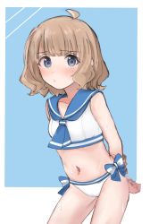 Rule 34 | absurdres, ahoge, arms behind back, bikini, blue background, blue bow, blue eyes, blue neckerchief, blue sailor collar, blush, bow, breasts, chestnut mouth, child, commentary request, dot nose, highres, idolmaster, idolmaster million live!, light brown hair, meeeeeeco359, navel, neckerchief, sailor collar, sailor swimsuit (idolmaster), short hair, sidelocks, simple background, small breasts, solo, stomach, suou momoko, swimsuit, thighs, wavy hair, wet, white bikini