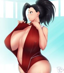 Rule 34 | 1girl, bare shoulders, black eyes, black hair, blush, boku no hero academia, breasts, center opening, cleavage, coffeeslice, collarbone, covered erect nipples, curvy, highres, huge breasts, large breasts, leotard, long hair, looking away, navel, no bra, open mouth, plump, ponytail, solo, stomach, thighs, wide hips, yaoyorozu momo