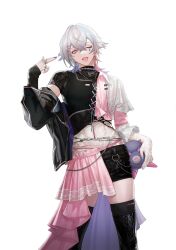 Rule 34 | 1boy, absurdres, androgynous, black shorts, black thighhighs, blue hair, boots, creature, cross-laced footwear, ear piercing, earrings, eyelashes, facing viewer, finger gun, finger gun to head, gavis bettel, gloves, grey hair, hair between eyes, hairpin, half-skirt, highres, holostars, holostars english, jewelry, lace, lace-up boots, lace gloves, looking to the side, male focus, multicolored hair, multiple earrings, multiple hairpins, multiple rings, one eye closed, open mouth, phantom (gavis bettel), piercing, pink eyes, pink hair, ring, sekiikei, short hair, shorts, skindentation, solo, standing, thigh boots, thighhighs, tongue, tongue out, torn clothes, trap, visual kei, white background