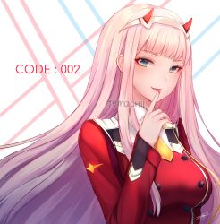Rule 34 | 1girl, :p, absurdres, blue eyes, buttons, character name, closed mouth, commission, darling in the franxx, double-breasted, finger to tongue, hairband, hand up, highres, horns, jacket, long hair, long sleeves, looking at viewer, multicolored eyes, pink hair, red jacket, smile, solo, spread legs, temachii, tongue, tongue out, upper body, zero two (darling in the franxx)
