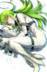 Rule 34 | 1girl, belt, black belt, bodysuit, c.c., closed mouth, code geass, commentary request, day, eyes visible through hair, full body, green hair, hair between eyes, hair spread out, high heels, jacket, knees up, long hair, long sleeves, looking at viewer, lying, on side, outdoors, smile, snow, snowing, solo, soraao0322, straight hair, straitjacket, very long hair, white bodysuit, white footwear, white jacket, wide sleeves, winter, yellow eyes