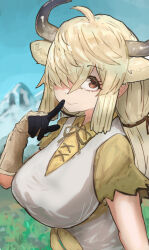 Rule 34 | 1girl, absurdres, adeshi (adeshi0693119), animal ears, blue sky, bow, bowtie, brown eyes, cow ears, cow girl, cow horns, dress, extra ears, gloves, grey hair, hair over one eye, highres, horns, kemono friends, long hair, looking at viewer, mountain, nature, ribbon, shirt, sky, solo, yak (kemono friends)