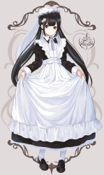 Rule 34 | 1girl, absurdres, apron, apron hold, bad id, bad pixiv id, black dress, black footwear, black hair, brown background, brown eyes, closed mouth, commentary request, dress, flower, frilled apron, frills, full body, hair flower, hair ornament, hat, highres, lace, lace-trimmed dress, lace trim, loafers, long hair, long sleeves, low twintails, maid, maid apron, original, pantyhose, shii (kairi-t-k0317), shoes, smile, solo, standing, twintails, very long hair, victorian maid, white apron, white flower, white hat, white pantyhose