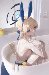 Rule 34 | 1girl, absurdres, animal ears, backless leotard, bare shoulders, bathroom, bathtub, blonde hair, blue archive, blue bow, blue eyes, blue hairband, blue leotard, bow, bowtie, braid, breasts, closed mouth, detached collar, dingding (chongsangjun), fake animal ears, hairband, halo, hand up, highleg, highleg leotard, highres, in water, leotard, long hair, looking at viewer, looking back, official alternate costume, official alternate hairstyle, partially submerged, playboy bunny, rabbit ears, rubber duck, sideboob, sitting, small breasts, solo, strapless, strapless leotard, thighs, toki (blue archive), toki (bunny) (blue archive), v, very long hair, water, window, wrist cuffs