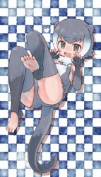 Rule 34 | 10s, 1girl, :d, animal ears, ass, bare shoulders, barefoot, breasts, checkered background, dot nose, elbow gloves, eyebrows, fang, feet, fingerless gloves, fur collar, gloves, gradient hair, grey gloves, grey hair, grey leggings, grey one-piece swimsuit, heart, highres, kemono friends, kolshica, leg up, leggings, long toenails, looking at viewer, multicolored clothes, multicolored hair, multicolored swimsuit, one-piece swimsuit, open mouth, otter ears, otter tail, sharp toenails, short hair, small-clawed otter (kemono friends), small breasts, smile, solo, swimsuit, tail, toenails, tongue, two-tone hair, white hair, white one-piece swimsuit