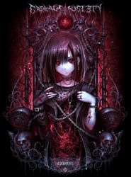 Rule 34 | 1girl, :&lt;, asymmetrical clothes, black background, black hair, blood, blood splatter, bracelet, chain, chair, choker, clothes lift, commentary, commentary request, earrings, english commentary, goth fashion, guro, hair ornament, hairclip, highres, intestines, jewelry, looking at viewer, mixed-language commentary, nail polish, necklace, original, piercing, red eyes, ribs, ring, shirt lift, skull, spine, thorns, throne, yu-ki, yu-ki iwata, zipper