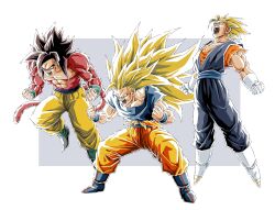 3boys black_hair blue_footwear blue_pants blue_shirt body_fur boots dougi dragon_ball dragon_ball_gt dragonball_z earrings full_body gloves grey_background group_picture highres jewelry long_hair male_focus medium_hair monkey_tail multiple_boys muscular muscular_male n_(n14542698) no_eyebrows orange_pants orange_shirt pants potara_earrings powering_up red_fur red_tail shirt simple_background son_goku spiked_hair super_saiyan super_saiyan_1 super_saiyan_3 super_saiyan_4 tail torn_clothes torn_shirt vegetto white_background white_footwear white_gloves yellow_eyes yellow_pants