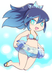 Rule 34 | 10s, 1girl, aqua eyes, bikini, blue hair, blush, blush stickers, breasts, flip-flops, fubukihime, ice, innertube, long hair, looking at viewer, multicolored hair, navel, no socks, nollety, open mouth, ponytail, purple hair, sandals, small breasts, solo, swim ring, swimsuit, traditional youkai, two-tone hair, white background, youkai watch