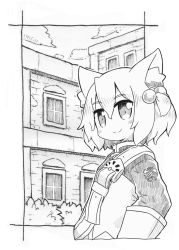 Rule 34 | 1girl, 7th dragon, 7th dragon (series), animal ear fluff, animal ears, belt, belt buckle, blush, brick wall, buckle, building, cat ears, closed mouth, cloud, commentary request, cropped torso, day, fighter (7th dragon), gloves, greyscale, hair between eyes, hair bobbles, hair ornament, harukara (7th dragon), highres, jacket, long sleeves, looking away, monochrome, naga u, one side up, sky, smile, solo, upper body, window