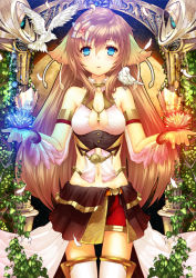 Rule 34 | 1girl, :&lt;, animal ears, bare shoulders, bird, blue eyes, breasts, brown hair, ciel nosurge, cleavage, feathers, flower, gust, hair flower, hair ornament, halterneck, halterneck, ionasal kkll preciel, jewelry, long hair, midriff, navel, ntny, official art, open mouth, pendant, shorts, solo, surge concerto, thighhighs, white thighhighs