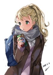 Rule 34 | 1girl, 2018, bag, blonde hair, brown coat, coat, dated, drinking straw, green eyes, grey scarf, long hair, open clothes, open coat, original, ponytail, scarf, school bag, signature, sketch, solo, sone (takahiro-osone), standing, sweater, upper body, white background