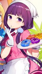 Rule 34 | 2girls, apron, blend s, closed mouth, doughnut, dress, food, food on face, gloves, hand up, head scarf, highres, hinata kaho, holding, holding tray, long hair, looking at viewer, low twintails, mika pikazo, multiple girls, out of frame, pink dress, purple eyes, purple hair, sakuranomiya maika, short sleeves, solo focus, standing, tray, twintails, very long hair, waist apron, white apron, white gloves