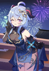 Rule 34 | 1girl, ;d, aerial fireworks, ahoge, bare legs, bare shoulders, bell, black dress, blue hair, blush, breasts, cleavage, commentary request, cowbell, cowboy shot, detached sleeves, dress, fireworks, ganyu (genshin impact), ganyu (twilight blossom) (genshin impact), genshin impact, goat horns, hair ornament, highres, horns, large breasts, leaning forward, long sleeves, looking at viewer, neck bell, night, night sky, official alternate costume, official alternate hairstyle, one eye closed, open mouth, outdoors, pelvic curtain, railing, revision, sky, smile, solo, standing, thigh strap, thighs, vision (genshin impact), zenshin