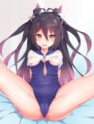 Rule 34 | 1girl, absurdres, antenna hair, arms behind back, azur lane, bed sheet, black hair, blue one-piece swimsuit, blue sailor collar, blush, breast cutout, breasts, brown neckwear, cameltoe, commentary request, covered erect nipples, crop top, curled horns, gradient hair, hair between eyes, hair ornament, highres, historical name connection, horns, i-168 (azur lane), long hair, medium breasts, multicolored hair, nagato-chan, name connection, one-piece swimsuit, open mouth, purple hair, red eyes, sailor collar, see-through, shirt, solo, spread legs, swimsuit, swimsuit under clothes, v-shaped eyebrows, very long hair, white shirt