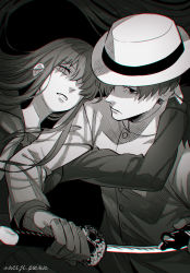 Rule 34 | 1boy, 1girl, artist name, asymmetrical bangs, buttons, closed mouth, collar, collared jacket, fate/grand order, fate (series), gloves, hair over one eye, hand on another&#039;s neck, hat, holding, holding sword, holding weapon, jacket, katana, long hair, long sleeves, looking at viewer, meiji ken, monochrome, oryou (fate), parted lips, sakamoto ryouma (fate), short hair, standing, sword, upper body, weapon
