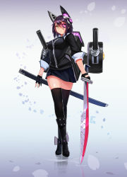 Rule 34 | 10s, 1girl, anti (0324), black thighhighs, blue background, boots, breasts, crossed legs, eyepatch, fingerless gloves, gloves, gradient background, highres, kantai collection, katana, large breasts, looking at viewer, parted lips, partially fingerless gloves, personification, purple hair, reflection, short hair, simple background, skindentation, solo, standing, sword, tenryuu (kancolle), thighhighs, watson cross, weapon, yellow eyes