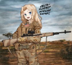 Rule 34 | 1girl, africa, alternate costume, battle rifle, belt, blonde hair, blue eyes, camouflage, camouflage pants, camouflage shirt, cloud, collaboration, commentary, commission, english commentary, english text, girls und panzer, gloves, grey sky, gun, highres, houshou8, kay (girls und panzer), long hair, long sleeves, m14, outdoors, pants, rifle, shirt, sky, smile, solo, teeth, tongue, upper teeth only, van duck iii, weapon