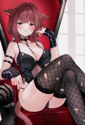 Rule 34 | 1girl, animal ears, belt collar, black panties, blush, braid, breasts, cameltoe, cat ears, cat tail, collar, crossed legs, eyebrows hidden by hair, feet out of frame, final fantasy, final fantasy xiv, fishnet thighhighs, fishnets, gloves, hair between eyes, highres, knees up, large breasts, latex, latex gloves, lingerie, lipstick, looking at viewer, makeup, miqo&#039;te, open mouth, panties, playing with own hair, red hair, sitting, solo, suzumori (su2525), tail, thighhighs, underwear, warrior of light (ff14), window