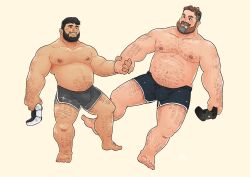 Rule 34 | 2boys, absurdres, arm hair, bara, big belly, black shorts, bulge, chest hair, controller, couple, dolphin shorts, eye contact, fat, fat man, floating, foot hair, full body, hahasthund, hairy, hand hair, highres, holding hands, joystick, knuckle hair, large pectorals, leg hair, looking at another, male focus, mature male, multiple boys, muscular, muscular male, mustache, navel, navel hair, nipples, original, pectorals, short hair, short shorts, shorts, simple background, sparse navel hair, star (sky), stomach, thick eyebrows, thick mustache, thick thighs, thighs, topless male, yaoi