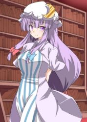 Rule 34 | 1girl, arms behind back, crescent, dress, hat, library, patchouli knowledge, purple eyes, purple hair, sena kizahashi, smile, solo, striped clothes, striped dress, touhou, vertical-striped clothes, vertical-striped dress