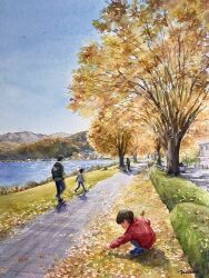 Rule 34 | 4boys, autumn, autumn leaves, blue sky, building, day, hedge, highres, mountainous horizon, multiple boys, ooy33151086, original, painting (medium), river, riverbank, road, sky, traditional media, tree, water, watercolor (medium)